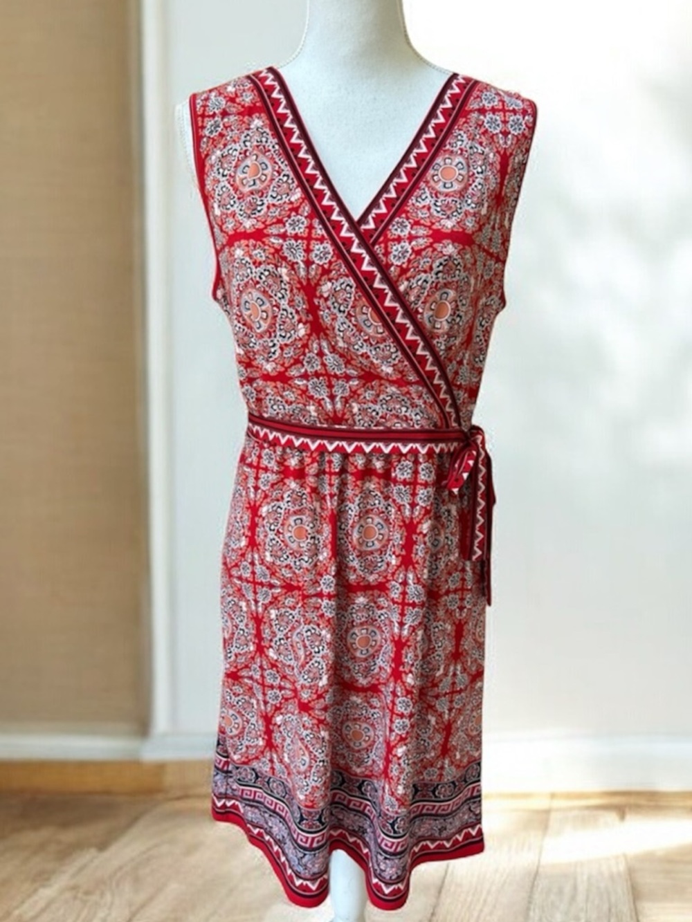 Max Studio Women Red Orange Sleeveless V Neck Medallion Border Faux Wrap Dress L